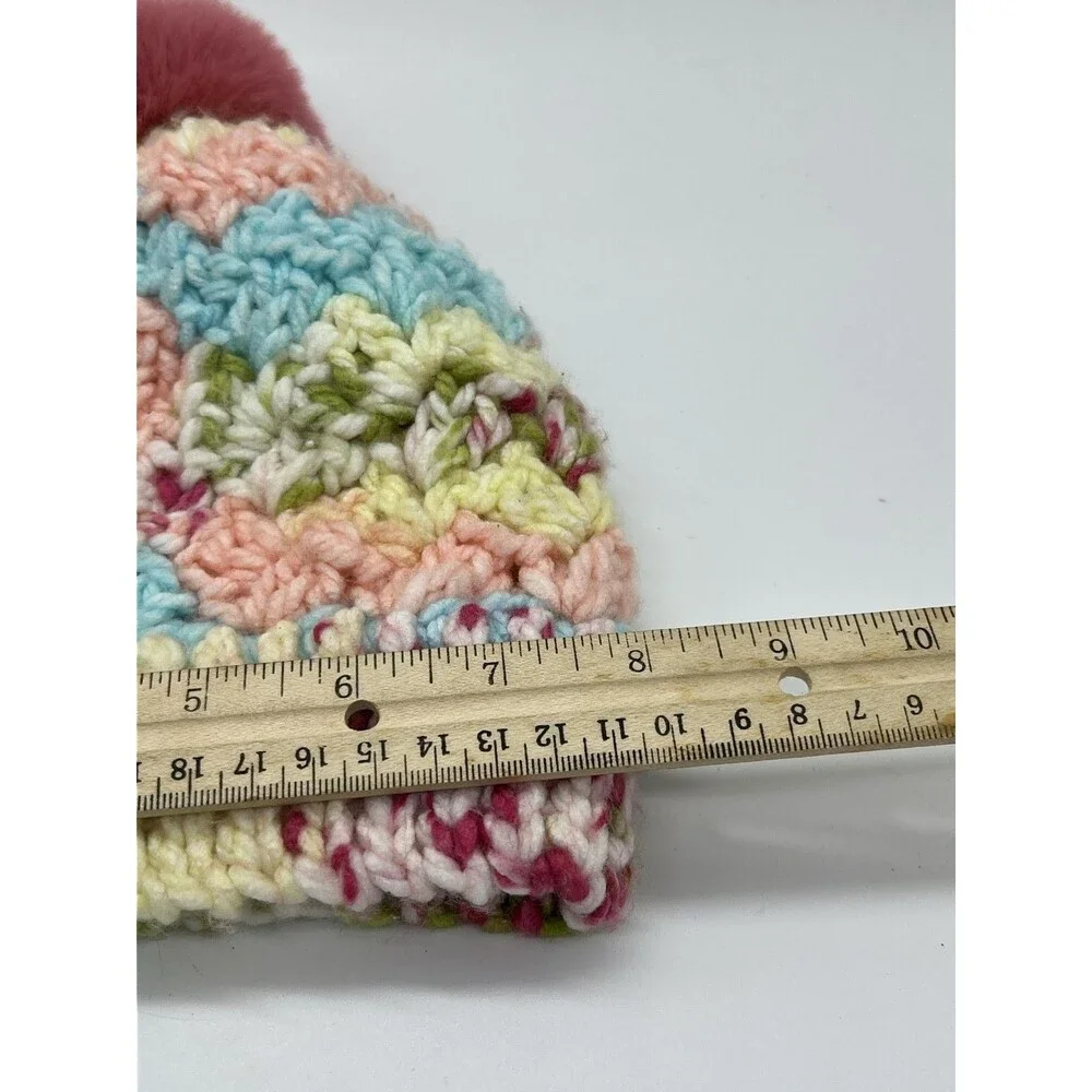 Handmade Knit Hat Beanie Womens One Size Multicolor Pom Bobble Chevron Winter